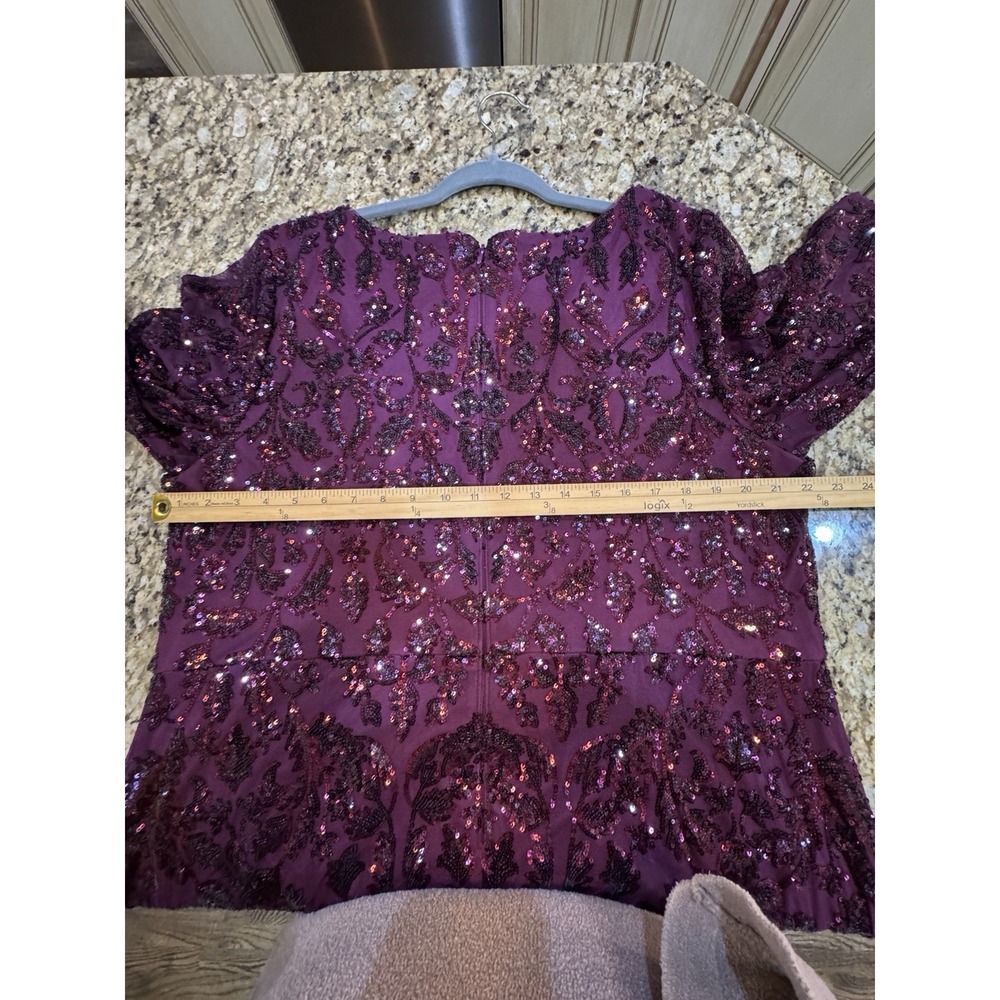 Adrianna Papell Plus Size Long Sleeve Stretch Sequin Mermaid Gown In Cassis - Picture 8 of 14